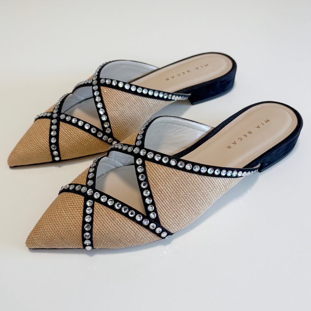 Mia Becar Ines Flat Mule EU 39 Italian Leather Raffia Crystals Slip On Feminine